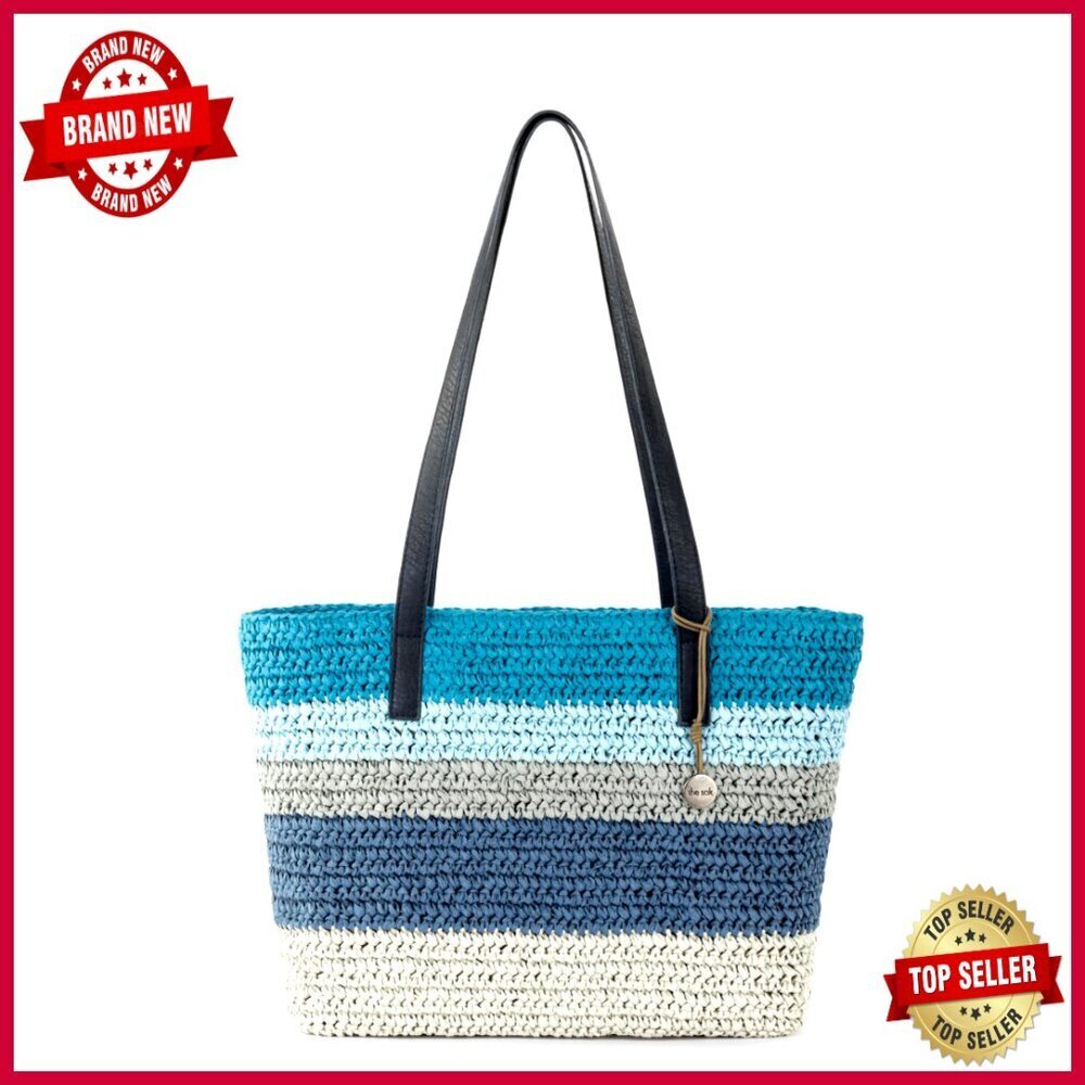 Medium Recycled Straw Tote Bag with Zipper Closure and Shoulder Straps